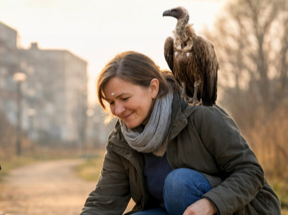 Frau beim Müllsammeln mit Geier auf der Schulter – Geierin als Krafttier im Alltag