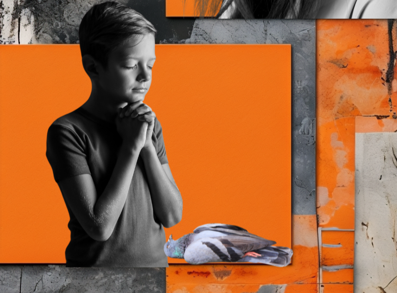 Graue tote Taube als Symbol für Trauer und Verlust in einer künstlerischen Collage von 2025