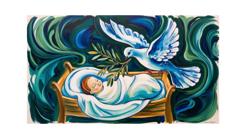 Weiße Taube mit Zweig über einem schlafenden Baby in einer Krippe, symbolisch für Frieden und Schutz