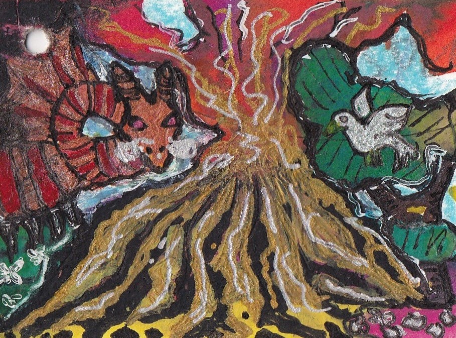 Weiße Taube in einem expressiven Vulkanbild von 2020, umgeben von leuchtenden Farben und eruptiver Bewegung