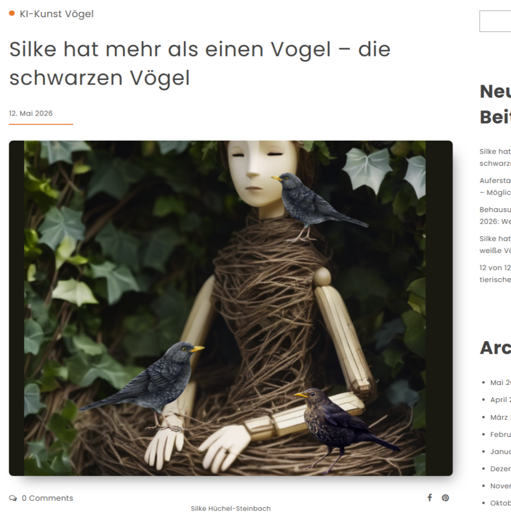 Screenshot eines Blogbeitrags mit dem Titel „Silke hat mehr als einen Vogel – die schwarzen Vögel“ und einem KI-Bild einer Figur mit schwarzen Vögeln.