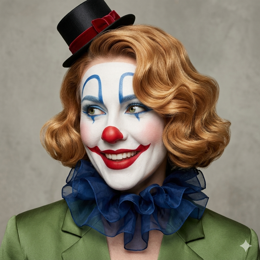 KI-generiertes Porträt einer lächelnden Clownfrau mit roter Nase, kleinem Zylinder und blauem Kragen.