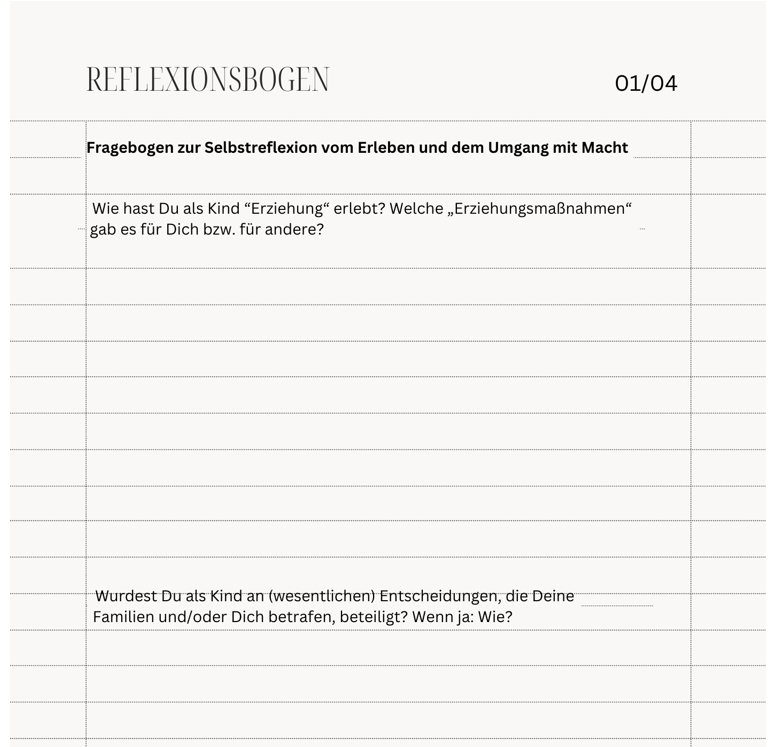Screenshot eines Reflexionsbogens zur Selbstreflexion über Erziehung, Beteiligung und den Umgang mit Macht.