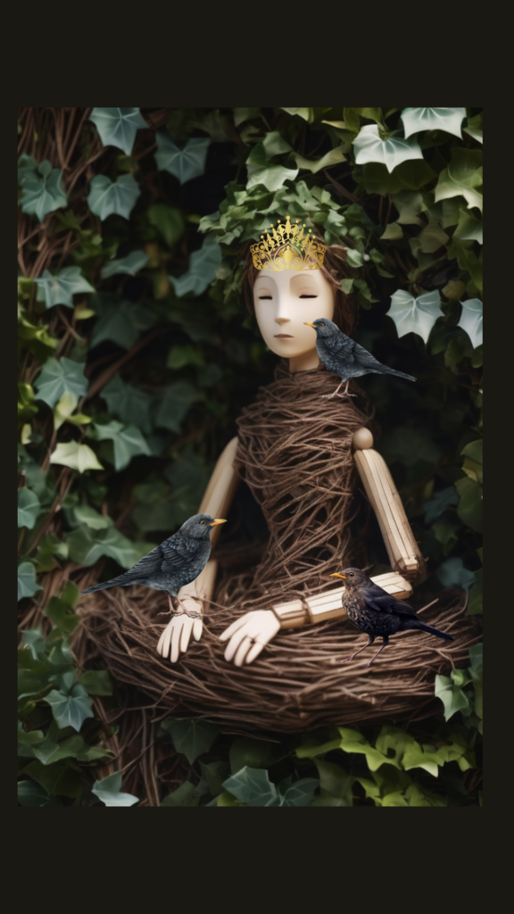 Gliederpuppe als Amselprinzessin mit Krone im Nest aus Zweigen und Efeu, umgeben von drei Amseln, Serie #ES, März 2024.