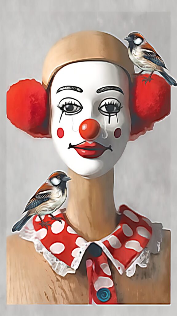 Traurige hölzerne Clownin mit roter Nase und Tränen, begleitet von zwei Spatzen, Serie #ES – die vielbegabte Gliederpuppe, 2024.