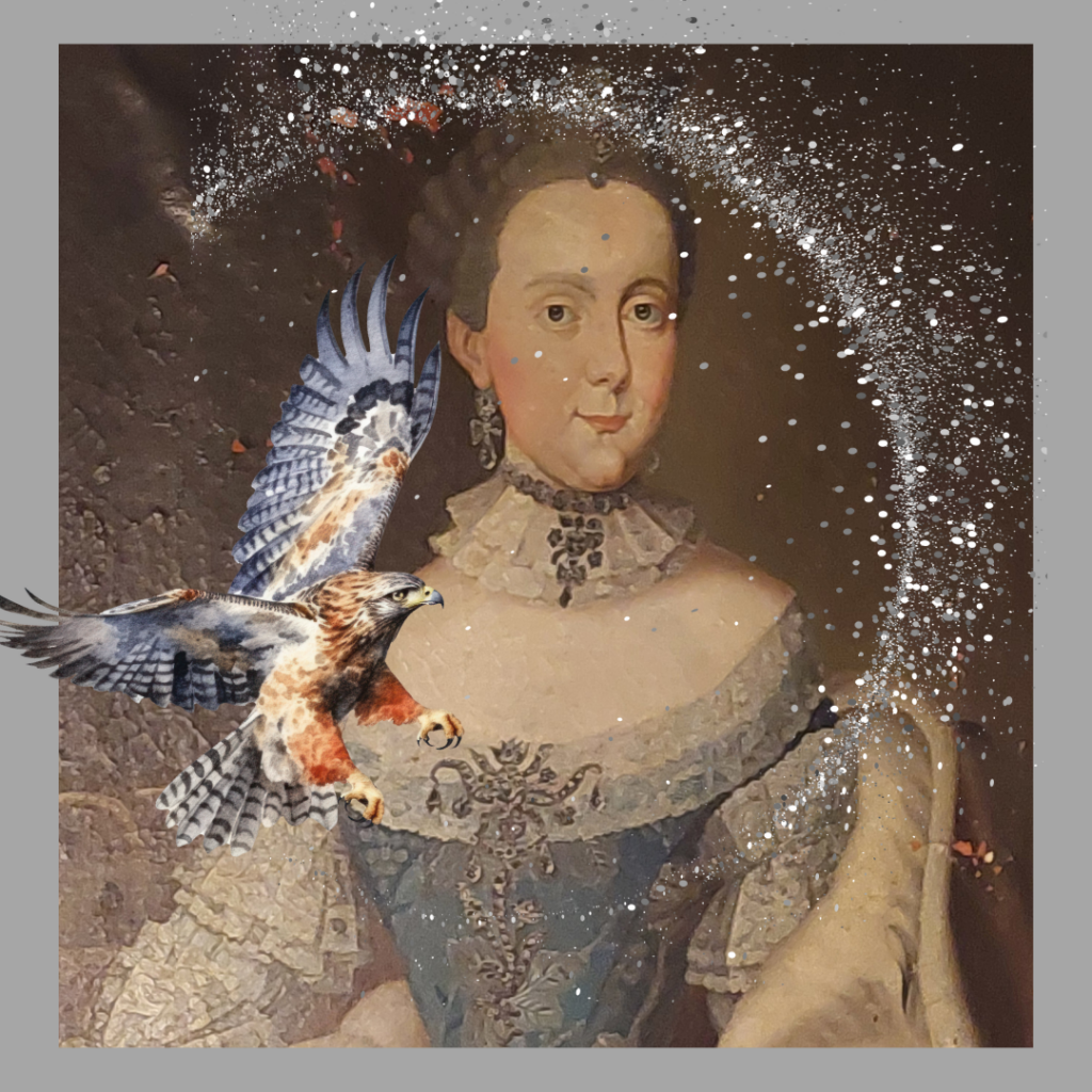 Historisches Frauenbildnis mit silbernem Glimmer und fliegendem bussardartigem Greifvogel, Farbkreisreise Silber im November 2024.