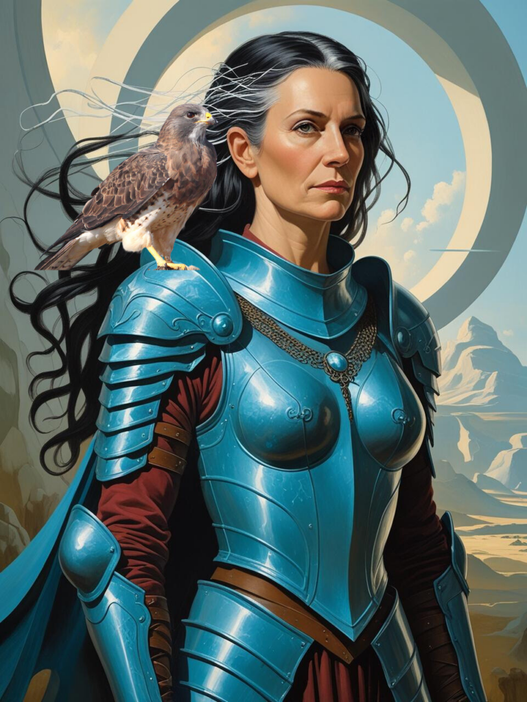 Gerüstete Frau in Cyan mit bussardartigem Greifvogel auf der Schulter, Farbkreisreise Cyan im August 2025.