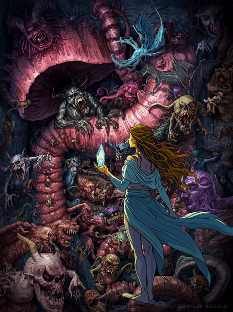 KI-Bild eines leuchtenden Magen-Darm-Trakts als dunkle Innenwelt, in der Monster und Dämonen hausen. Eine Heilerin reitet auf einem Drachen und hält ein Licht in der Hand.