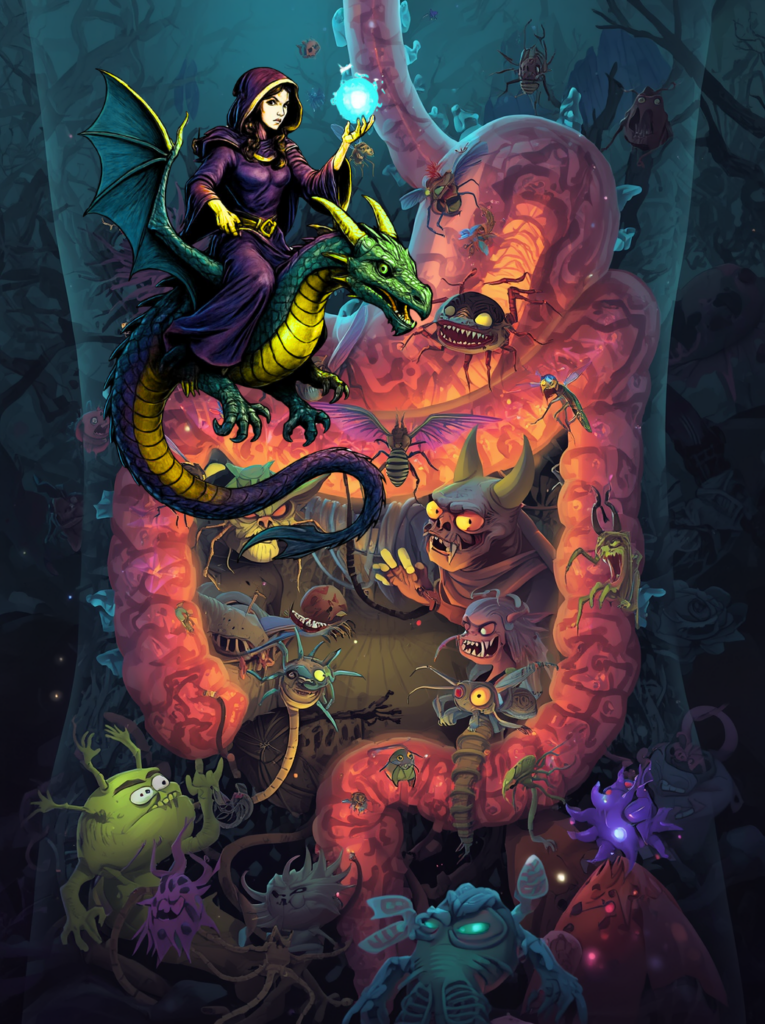 KI-Bild eines leuchtenden Magen-Darm-Trakts als dunkle Innenwelt, in der Monster und Dämonen hausen. Eine Heilerin reitet auf einem Drachen und hält ein Licht in der Hand.