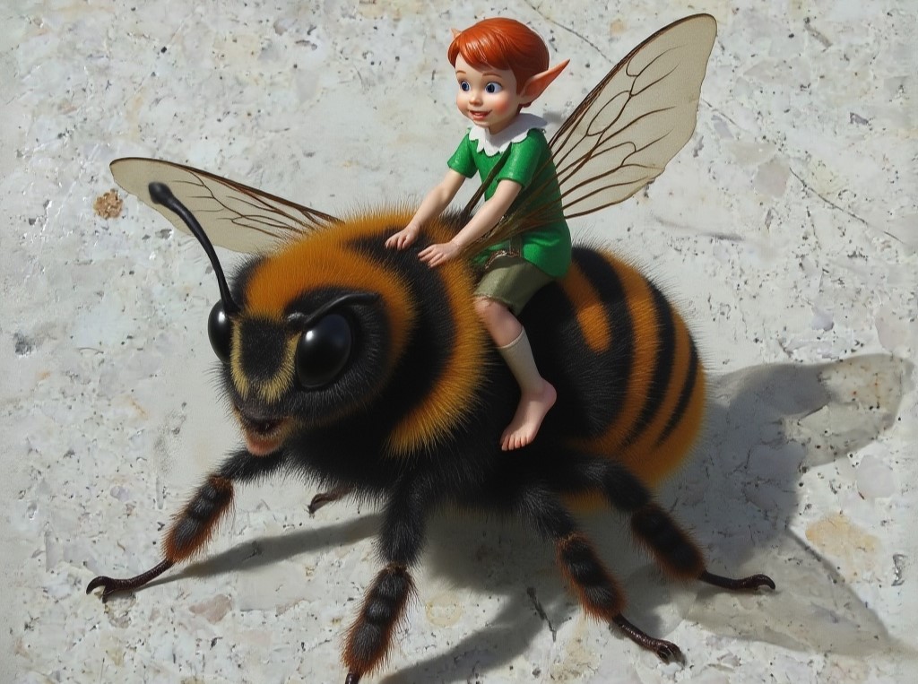 KI-generierte lebendige Hummel mit leuchtenden Farben, auf ihrem Rücken sitzt ein kleines elfartiges Wesen