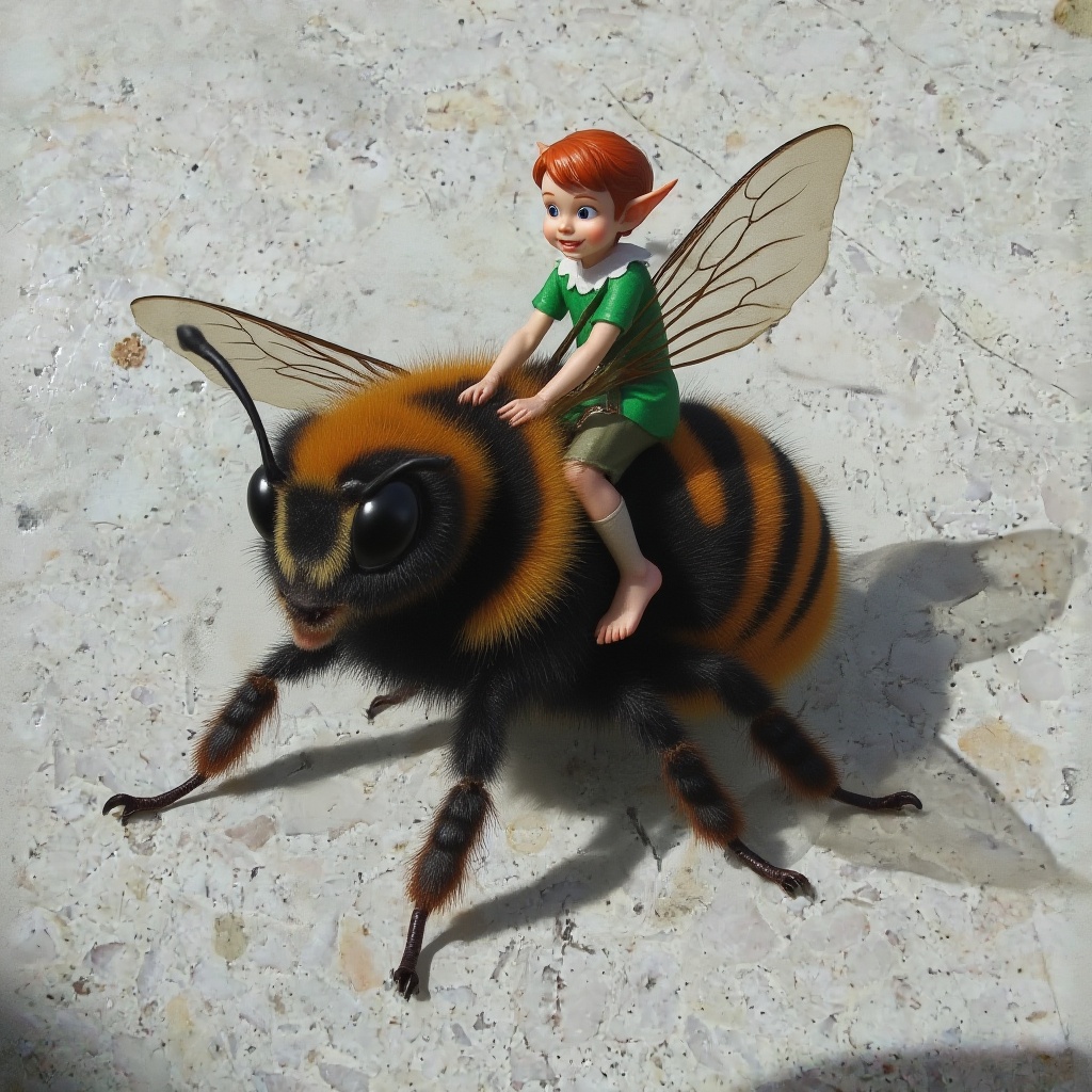 KI-generierte lebendige Hummel mit leuchtenden Farben, auf ihrem Rücken sitzt ein kleines elfartiges Wesen