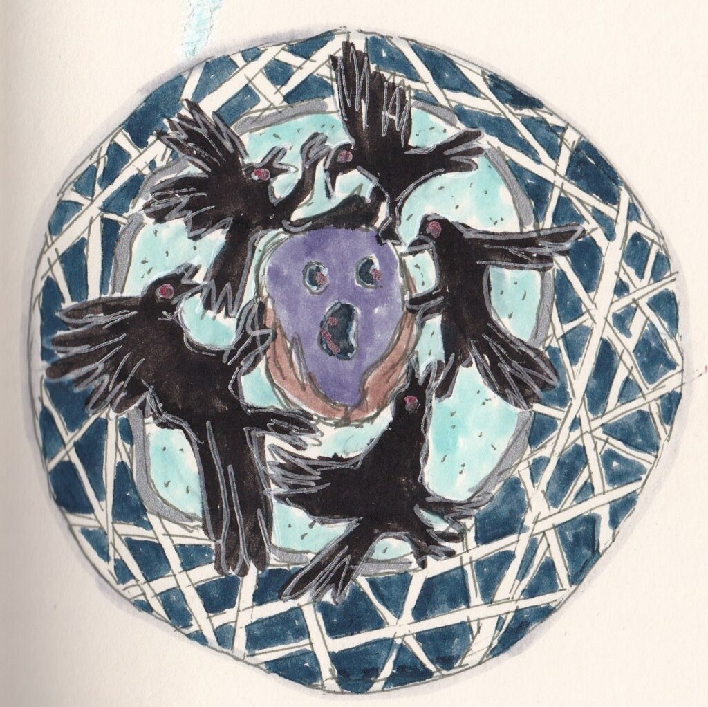 Mandala mit entsetztem Gesicht in der Mitte, umgeben von schwarzen Vögeln mit roten Augen und einem gitterartigen Muster.