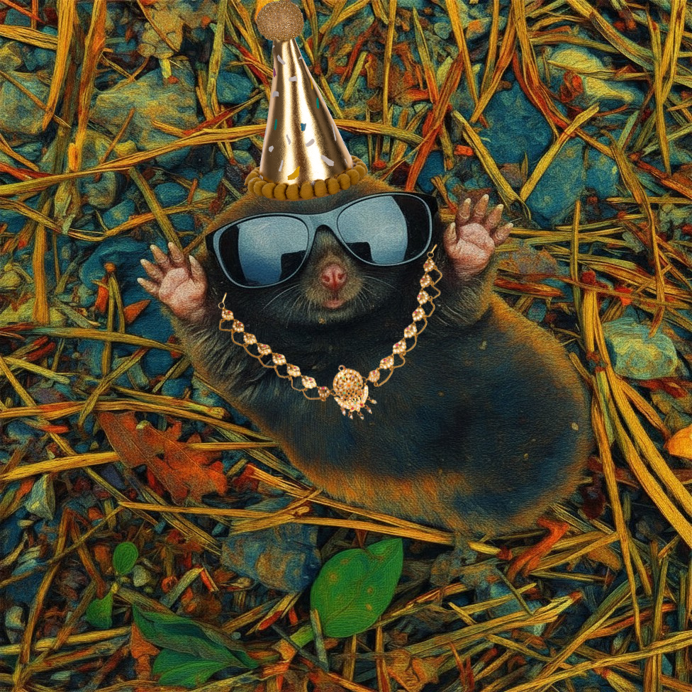 KI-generierter Maulwurf mit Sonnenbrille, Hut und Kette, aufrecht und selbstbewusst inszeniert wie ein Star oder Rapper vor hellem Hintergrund.