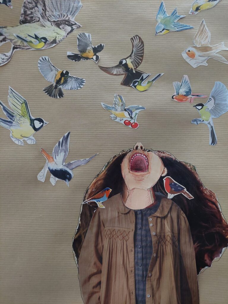Collage mit schreiender Figur, umgeben von Meisen und anderen kleinen Gartenvögeln