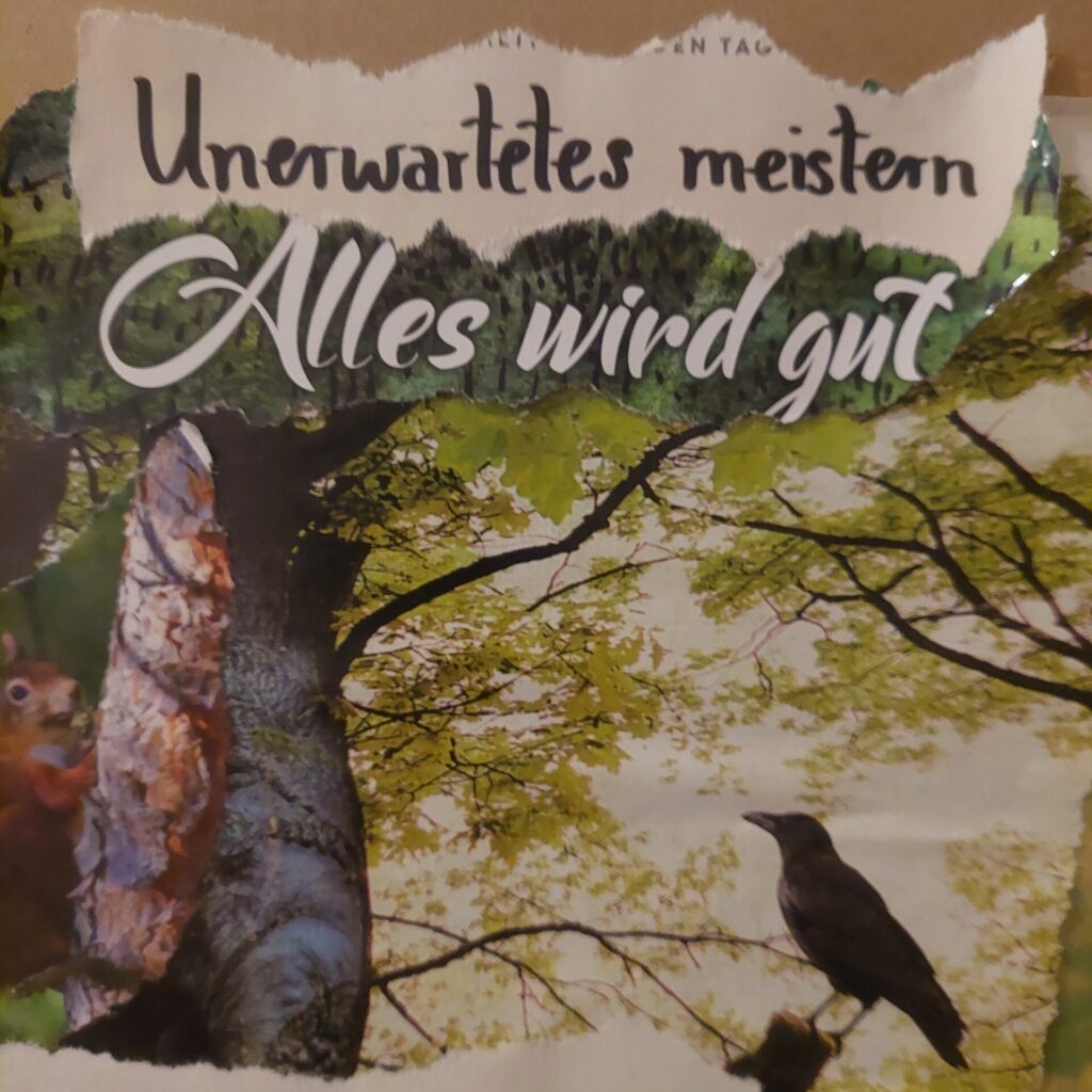 Collage aus dem Visionboard 2023 mit rabenartigem schwarzem Vogel, Eichhörnchen, Waldmotiv und den Worten „Unerwartetes meistern“ und „Alles wird gut“.