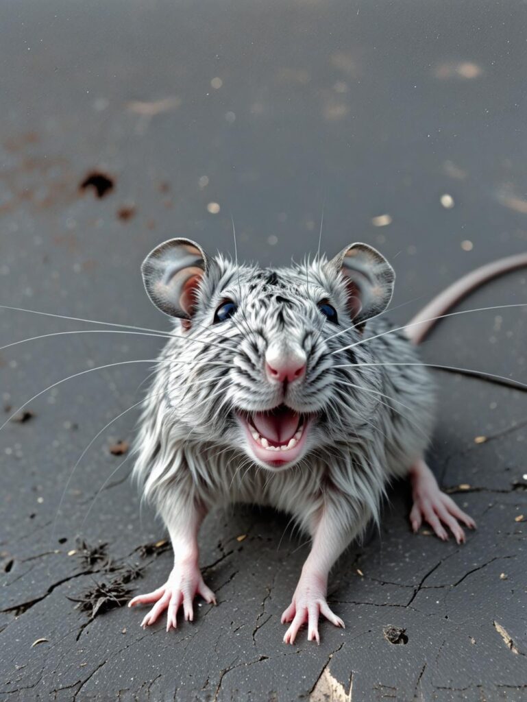 KI-generierte Ratte mit offenem Maul, lebendig und wach wirkend auf dunklem Asphalt