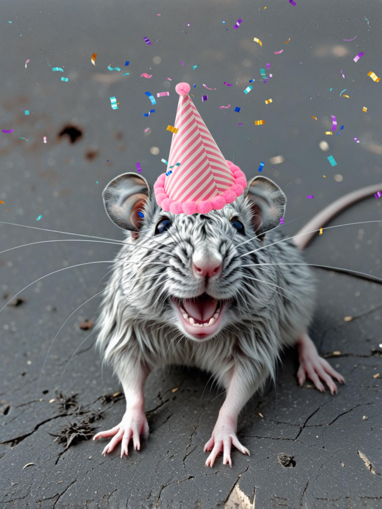 KI-generierte Ratte mit Partyhut und Konfetti, lebendig wirkend mit offenem Maul auf Asphalt