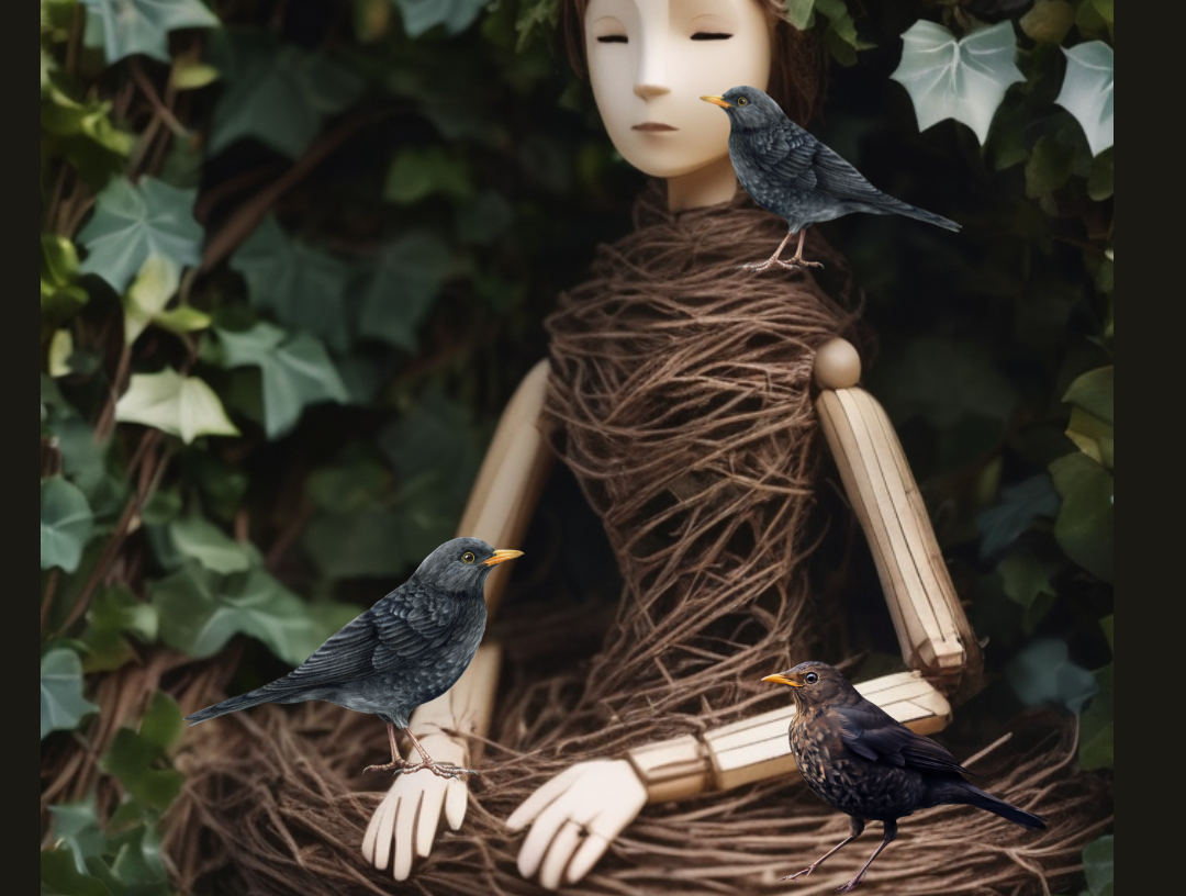 Amselprinzessin als Gliederpuppe im Nest aus Zweigen und Efeu, begleitet von drei schwarzen amselartigen Vögeln.
