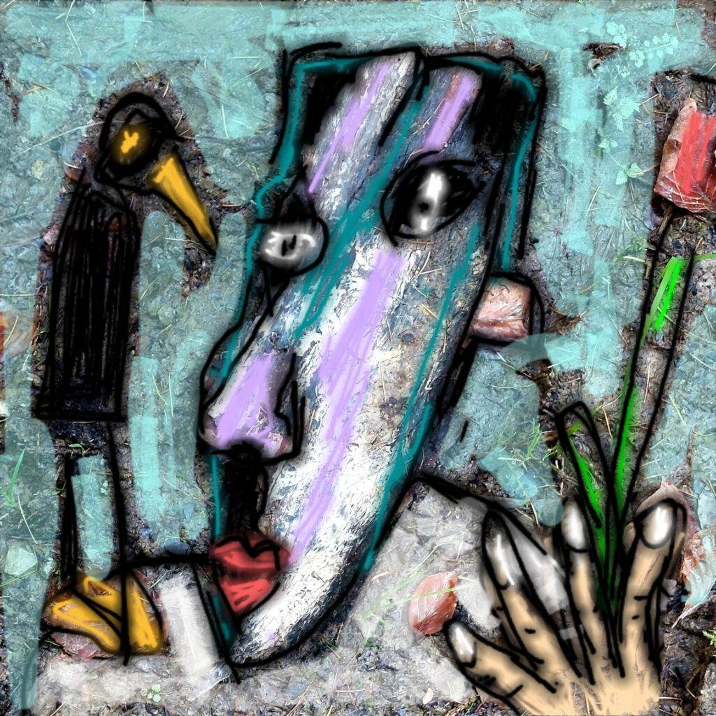 Digital überarbeitetes Waldfoto mit schwarzem Vogel, langem gelbem Schnabel und angedeutetem Gesicht, Serie #malenimwald, 2021.