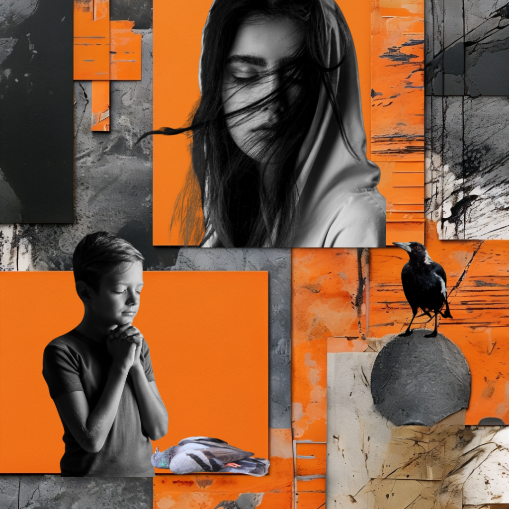 Orangefarbene KI-Collage zur Trauer mit Frau, betendem Kind, verletzter Taube am Boden und schwarzem Vogel auf einem Stein.