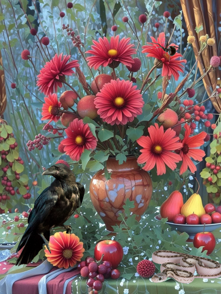 Opulentes KI-Stillleben mit roten Kokardenblumen, Früchten und braunem Krug; links sitzt ein schwarzer krähenartiger Vogel, unten liegt eine Schlange, oben auf einer Blüte eine schwarze Spinne.