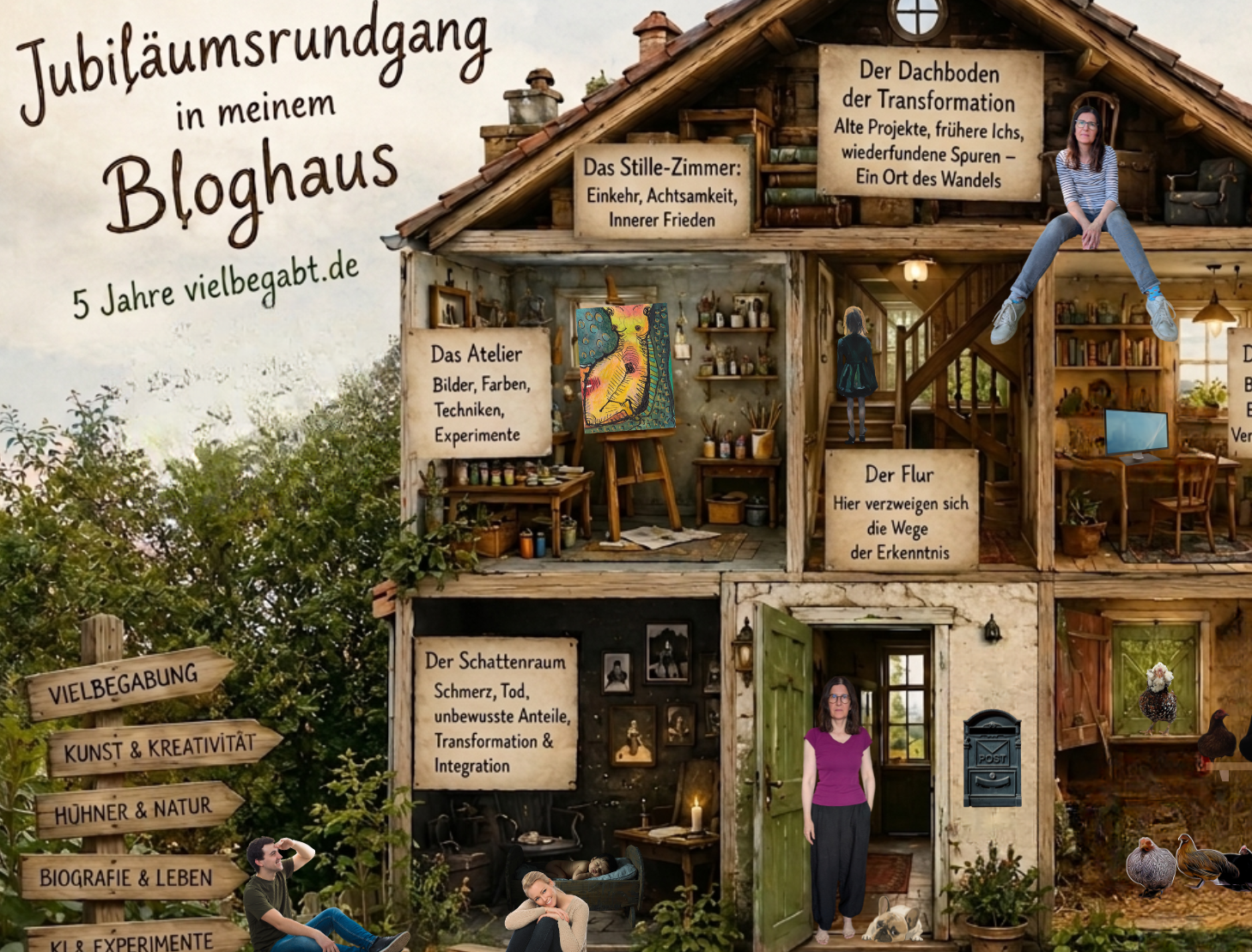 Beitragsbild zum Jubiläumsrundgang in meinem Bloghaus: ein vielräumiges Haus mit Titel, Atelier, Dachboden, Schattenraum, Flur, offener Tür und persönlichen Figuren.