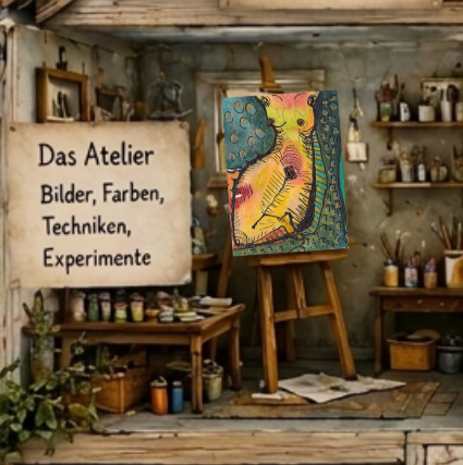 Ausschnitt aus dem Bloghaus: Das Atelier mit Schild, Staffelei, Farben, Materialien und einem bunten Hühnerbild als Beispiel für künstlerische Experimente.