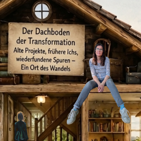 Ausschnitt aus dem Bloghaus: Der Dachboden der Transformation mit Schild, alten Projekten, früheren Ichs und einer sitzenden Frauenfigur auf dem Dachboden.