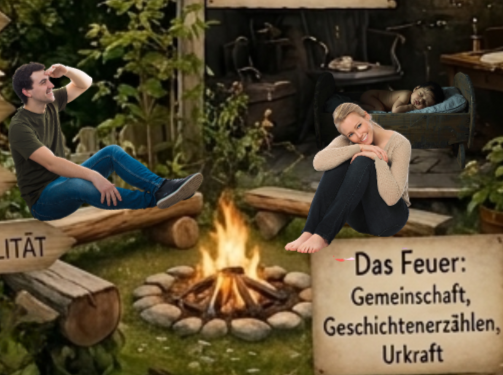 Ausschnitt aus dem Bloghaus: Zwei Menschen sitzen an einer Feuerstelle vor dem Haus; das Schild nennt Gemeinschaft, Geschichtenerzählen und Urkraft.