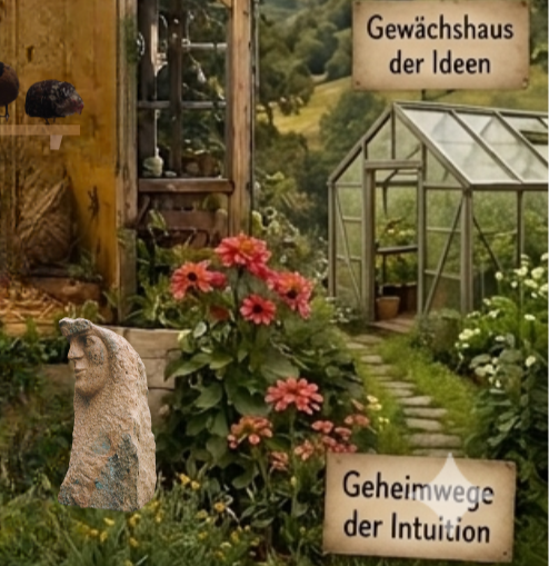 Ausschnitt aus dem Bloghausgarten: Gewächshaus der Ideen, blühende Pflanzen, ein Gartenweg und ein Schild mit der Aufschrift „Geheimwege der Intuition“.