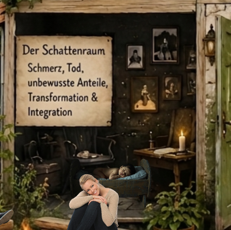Ausschnitt aus dem Bloghaus: Der dunkle Schattenraum mit Schild zu Schmerz, Tod, unbewussten Anteilen, Transformation und Integration. Im Raum sind Bilder, Kerze und eine nachdenkliche Frauenfigur zu sehen.