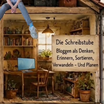 Ausschnitt aus dem Bloghaus: Die Schreibstube mit Schreibtisch, Computer, Bücherregalen, Pflanzen und Schild zum Bloggen als Denken, Erinnern, Sortieren, Verwandeln und Planen.