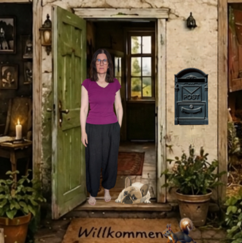 Ausschnitt aus dem Bloghaus: In der offenen Tür steht eine Frau, zu ihren Füßen liegt Hündin Lotte. Vor der Tür liegt eine Fußmatte mit der Aufschrift „Willkommen“.