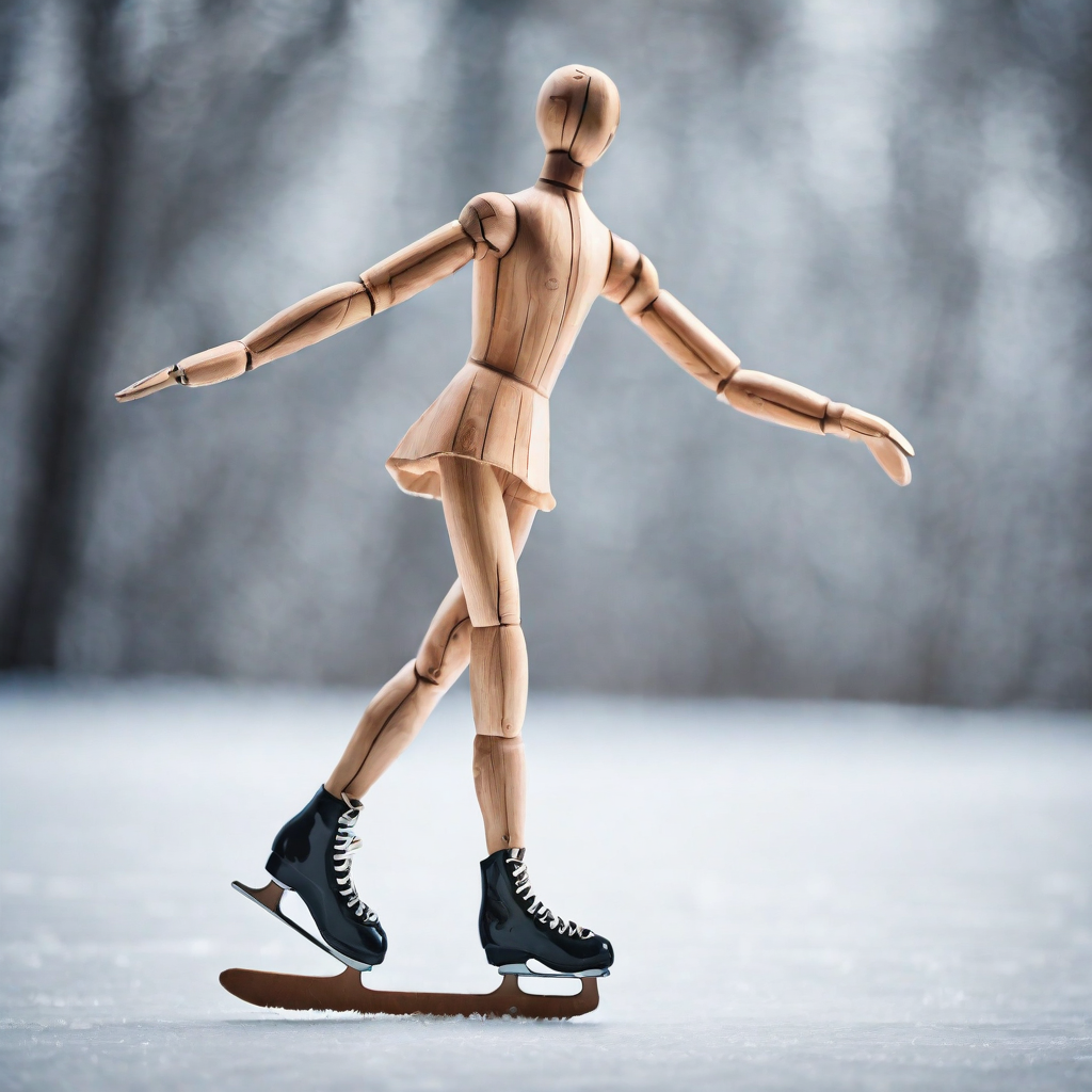Die Holzfigur ES läuft auf Schlittschuhen über eine Eisfläche. Das erste mit KI gestaltete ES-Bild entstand im Januar 2024 und markiert den Neubeginn der Bildreihe auf vielbegabt.de.
