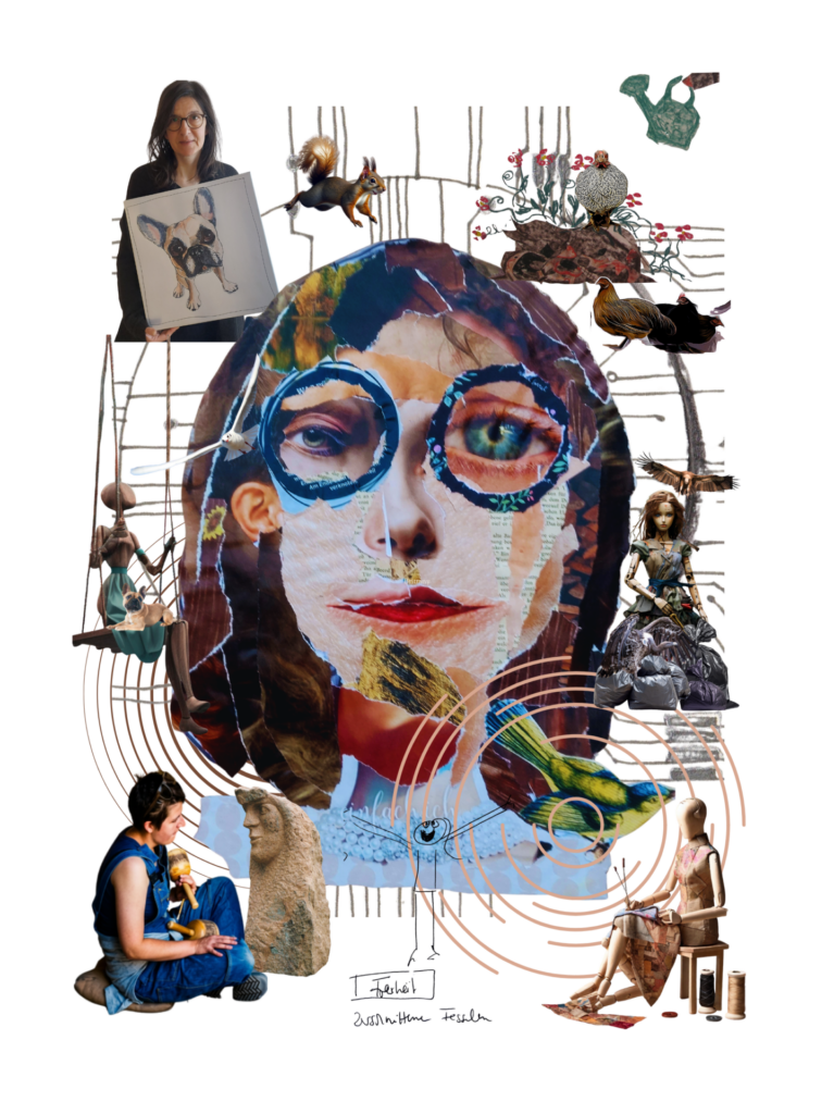 Vorderseite der Jubiläumspostkarte von vielbegabt.de mit einer Collage aus zwei Fotografien von Silke Hüchel-Steinbach, der Figur ES, tierischen Begleitern, einer zentralen Collagefigur sowie Symbolen für Kreativität, Resonanz und Verwandlung.