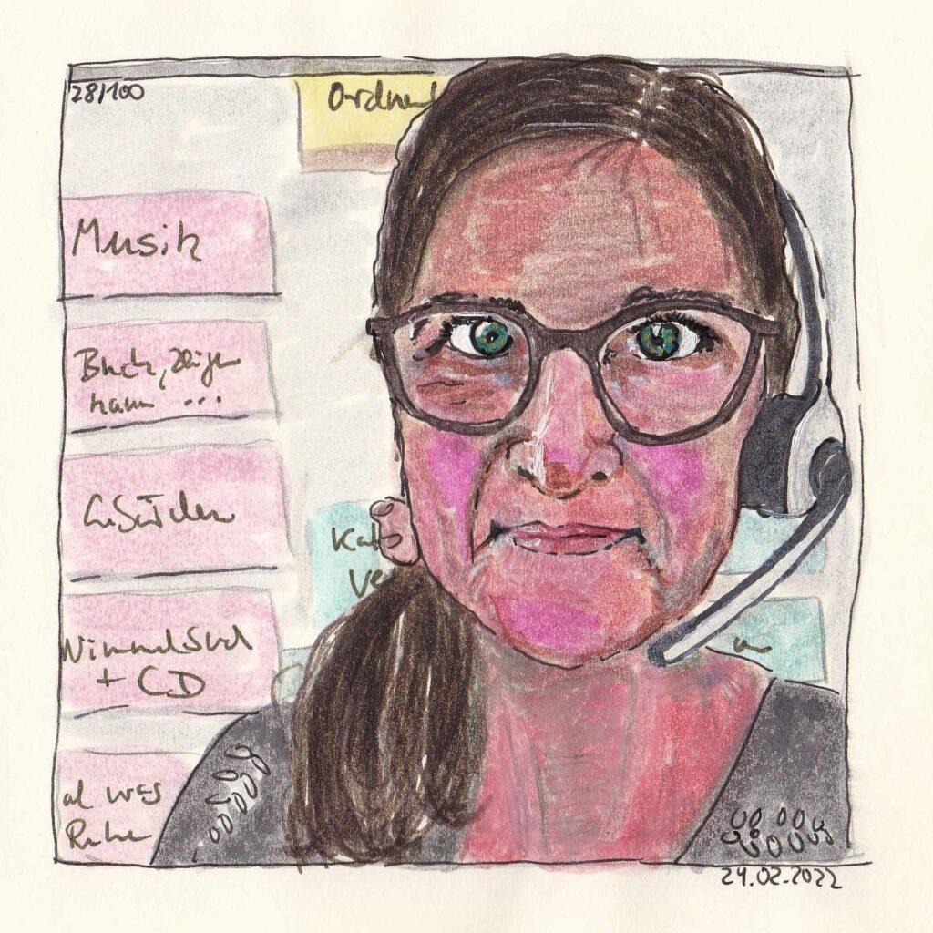 Künstlerisches Selbstporträt von Silke Hüchel-Steinbach mit Headset bei der Online-Arbeit als Supervisorin und Beraterin.