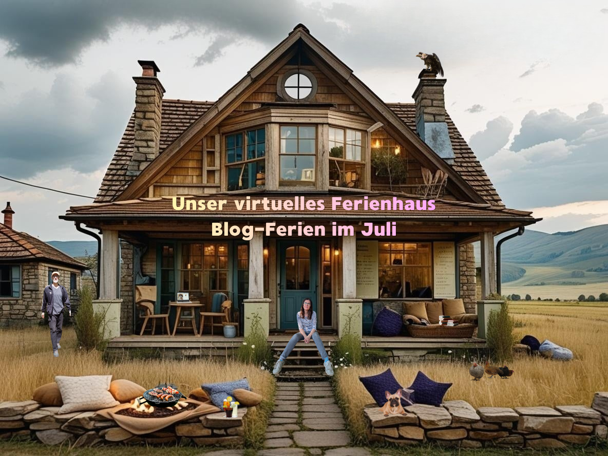 Virtuelles Ferienhaus zur Blogpause im Juli mit Silke, Mann, Lotte und Hühnern vor einem gemütlichen Haus.