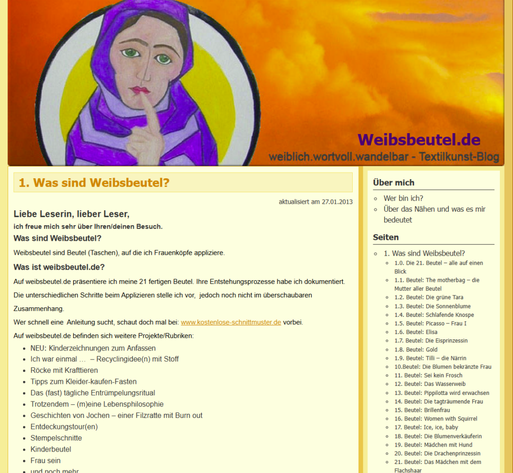 Screenshot des früheren Textilkunstblogs weibsbeutel.de mit dem Beitrag „Was sind Weibsbeutel?“ und einer Übersicht der genähten Beutelprojekte.