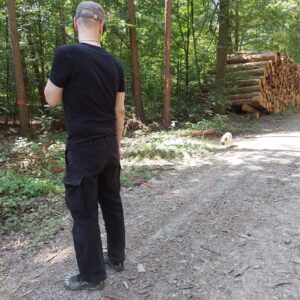 Mann mit Hund an der Leine auf einem Waldweg neben gestapelten Baumstämmen