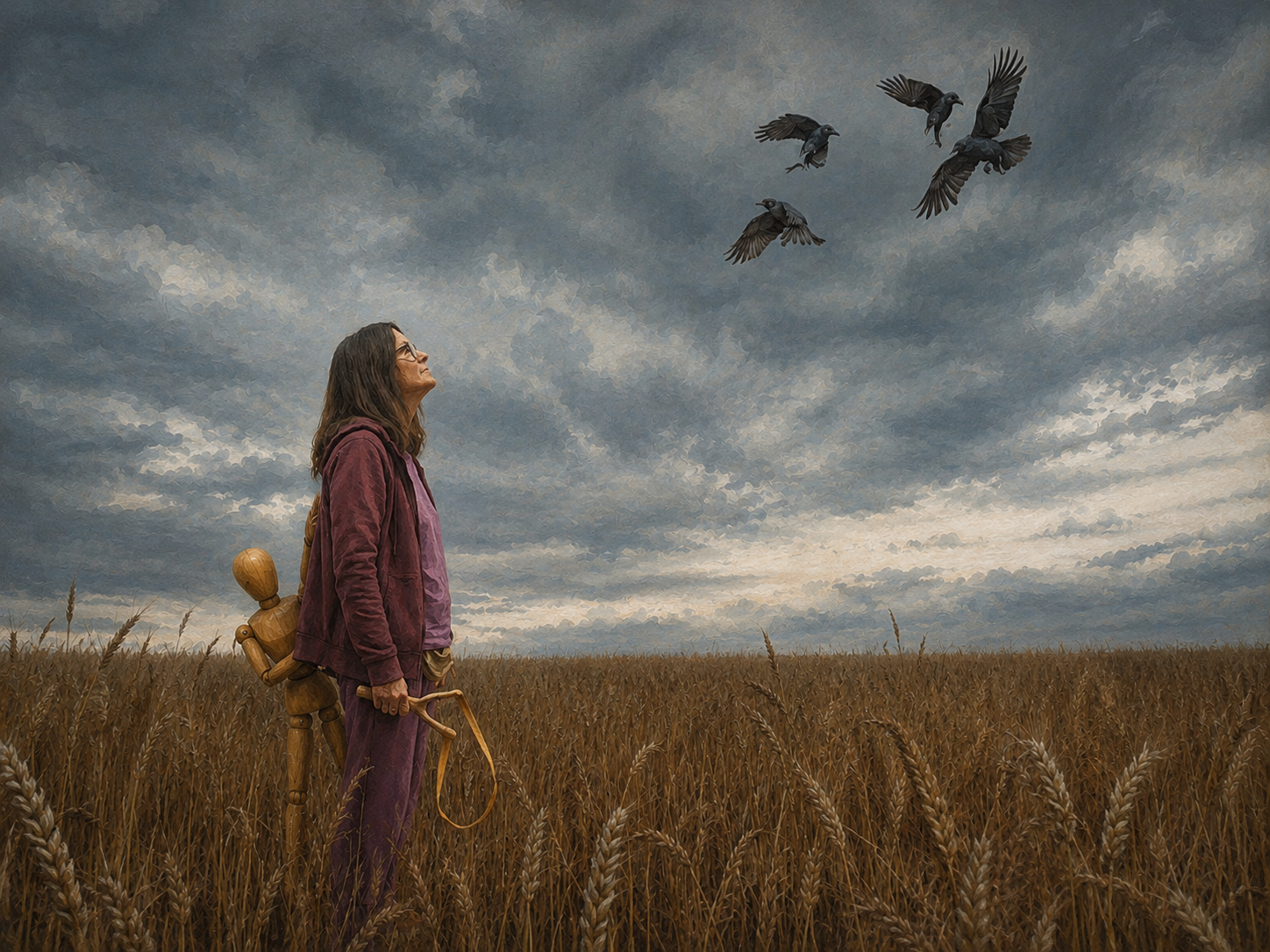 Frau im violetten Outfit steht in einem Kornfeld unter dunklen Wolken und blickt zu schwarzen Vögeln auf; hinter ihr versteckt sich eine hölzerne Gliederpuppe.
