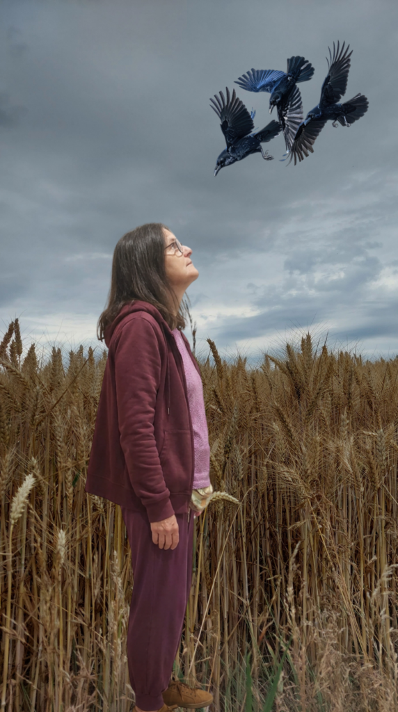 Seitlich gestellte Frauenfigur im Kornfeld unter grauem Himmel, den Blick zu drei schwarzen Krähen erhoben.