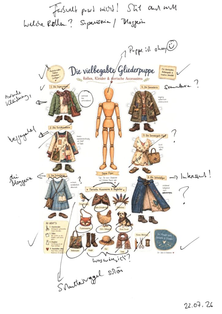 Ausgedruckter Entwurf der Papier-Gliederpuppe mit handschriftlichen Anmerkungen zu Kleidung, Rollen, Farbwelt und Gestaltung.