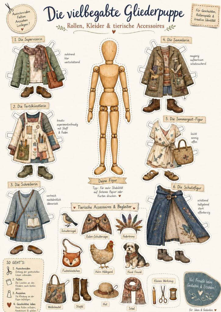 Erster Entwurf eines Ausschneidebogens mit hölzerner Gliederpuppe, verschiedenen Rollen-Kleidern und tierischen Accessoires.