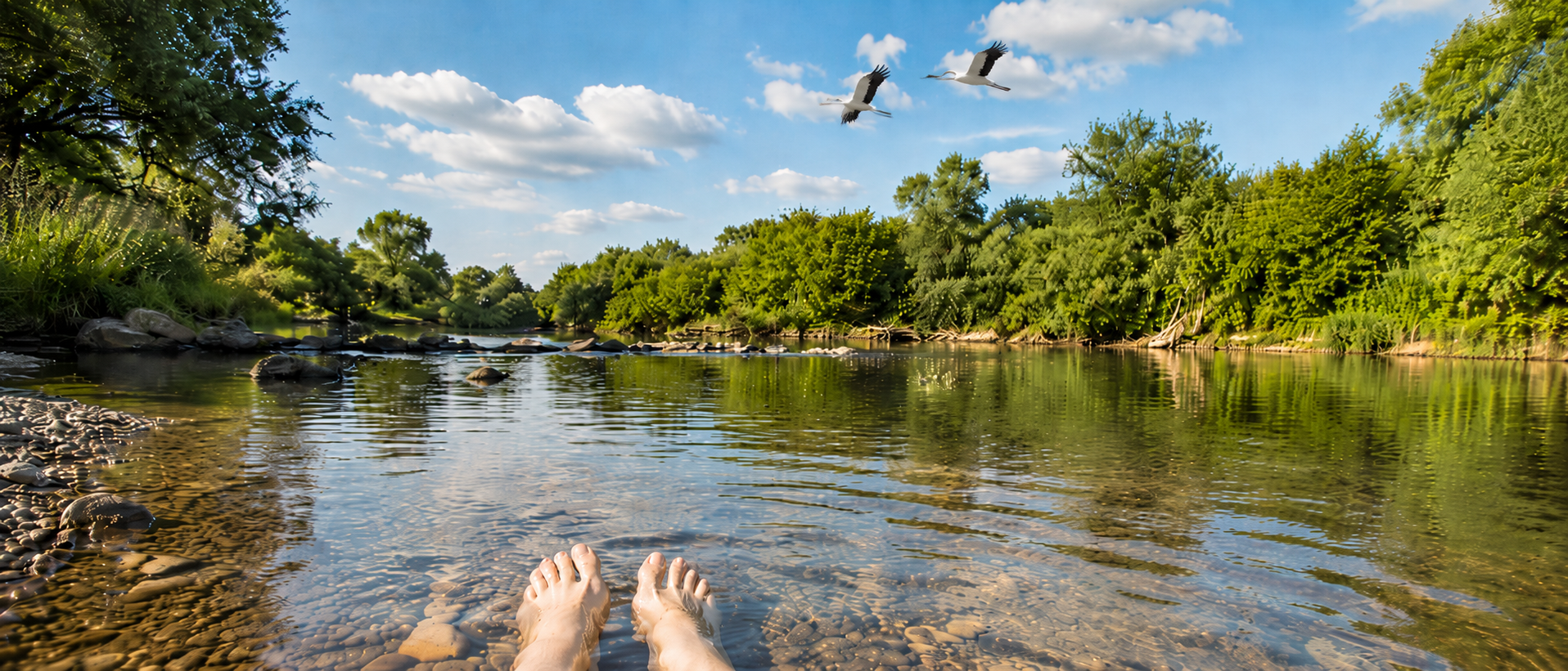 Barfuß im seichten Flusswasser an einem Sommertag, umgeben von grünen Ufern, weitem Himmel und zwei vorbeifliegenden Störchen.