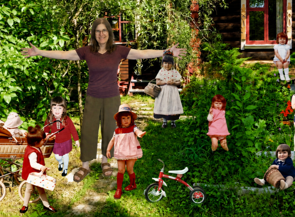 Collage eines grünen Gartens mit dem heutigen Ich in der Mitte, die Arme weit geöffnet, umgeben von mehreren freigestellten Kinder-Ichs und einem roten Dreirad.