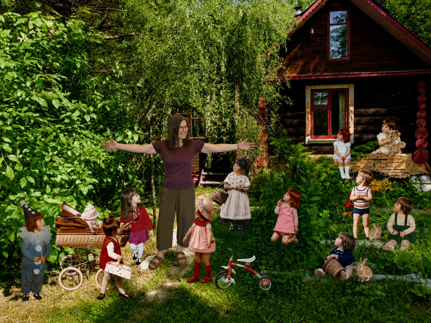 Collage eines grünen Gartens mit Holzhaus: Das heutige Ich steht mit ausgebreiteten Armen in der Mitte, während mehrere Kinder-Ichs zu ihm aufblicken.