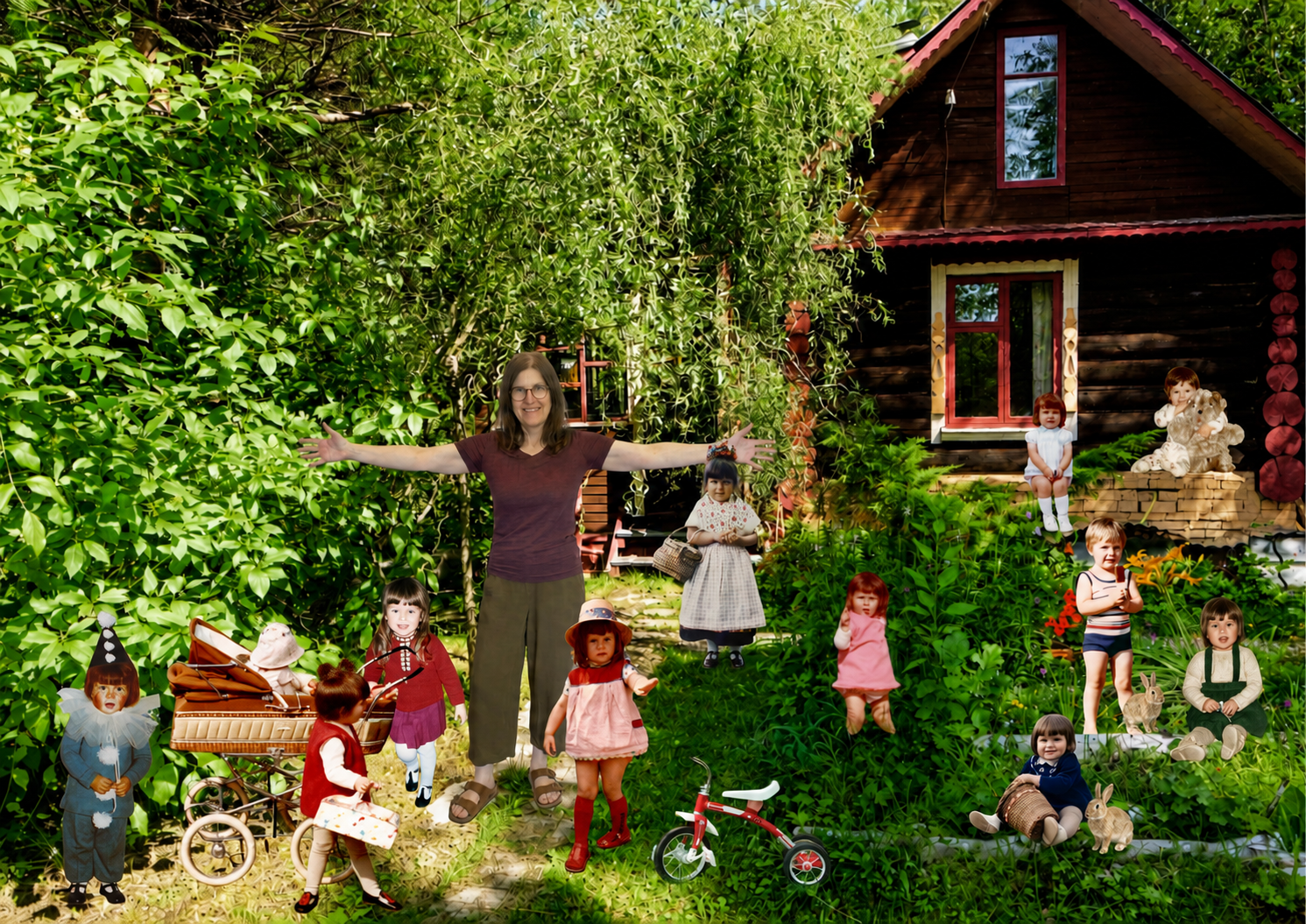 Collage eines grünen Gartens mit einem Holzhaus: In der Mitte steht das heutige Ich mit ausgebreiteten Armen, umgeben von mehreren freigestellten Kinder-Ichs, Tieren, Kinderwagen und Spielzeug.