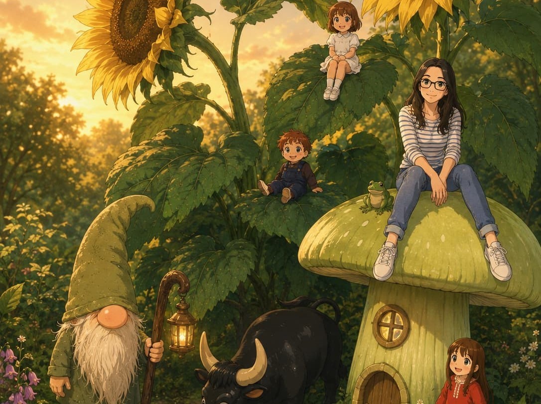 Animeszene der Wichtelwiesenwelt mit erwachsener Frau, mehreren Kinderfiguren, Wichtel, Stier, Schnecke, Frosch und riesigen Sonnenblumen.