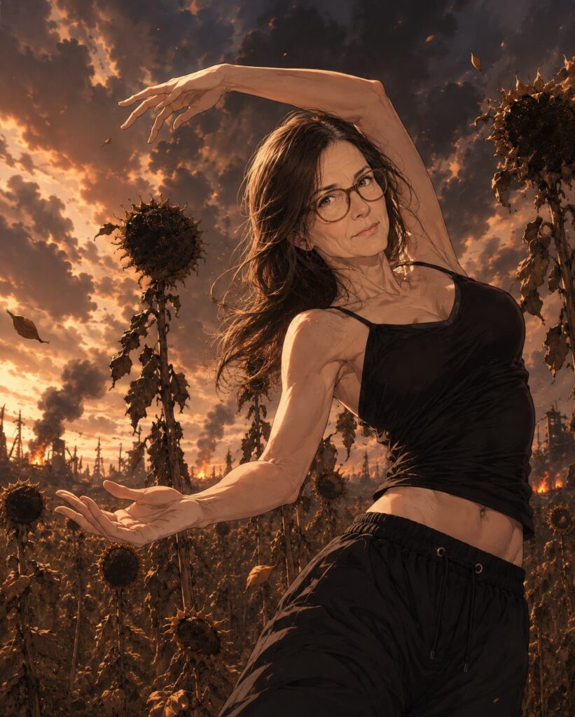 Stilisierte Anime-Illustration einer reifen Frau mit Brille und langem dunklem Haar in schwarzem Oberteil und dunkler Hose, in tänzerischer Haltung zwischen vertrockneten Sonnenblumen vor dramatischem Himmel.