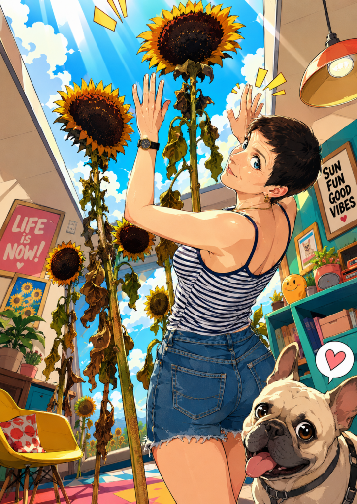 Anime-Illustration einer jungen Frau mit kurzen dunklen Haaren, gestreiftem Top und Jeansshorts zwischen Sonnenblumen; im Vordergrund ist ein kleiner heller Hund zu sehen.